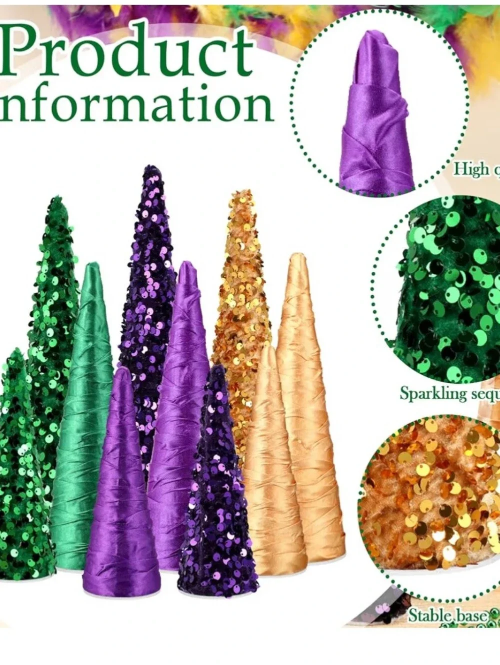 Mardi Gras Cone Tree Set - Green, Purple & Gold. NEW.